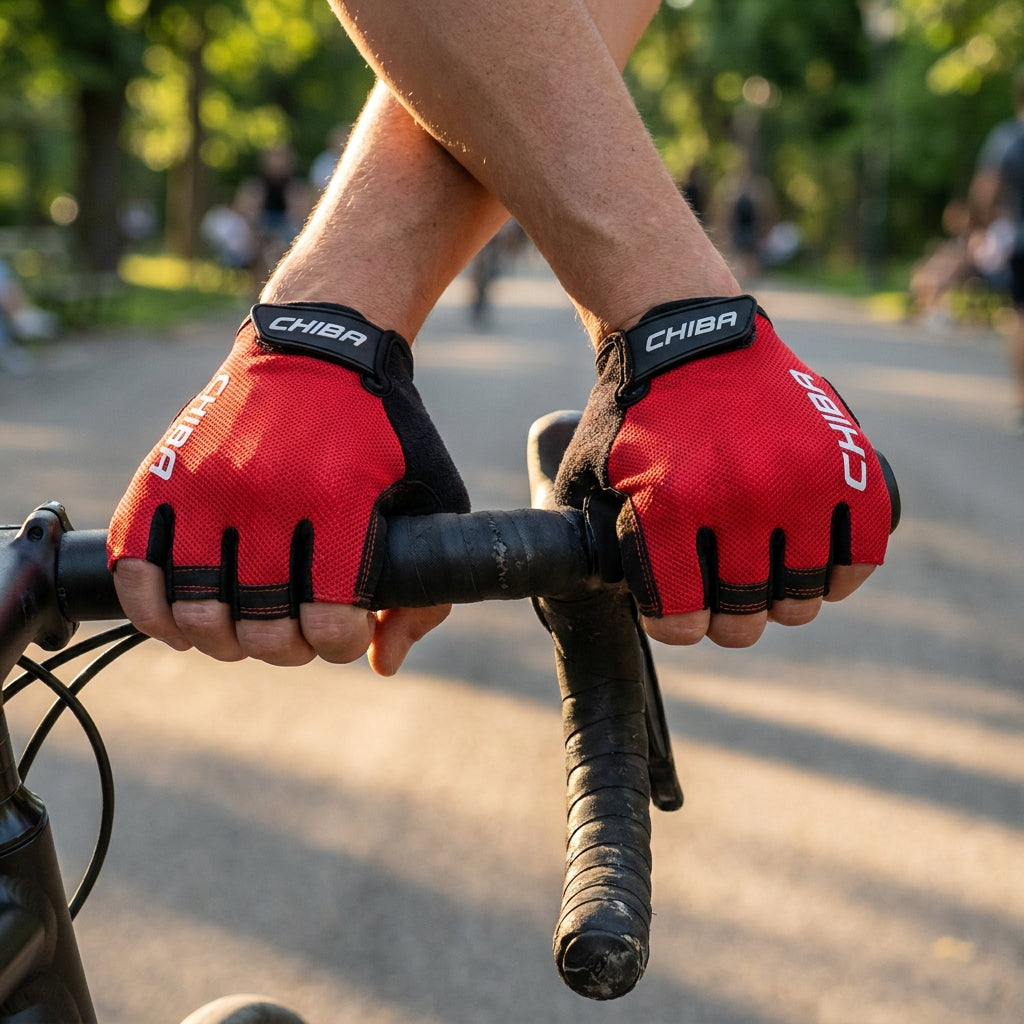 Rote CHIBA Gel Protect Pro Radhandschuhe L mit Gel-Polsterung, Knöchelschutz für Radfahrer und Rollstuhlfahrer. Optimaler Grip & Komfort.
