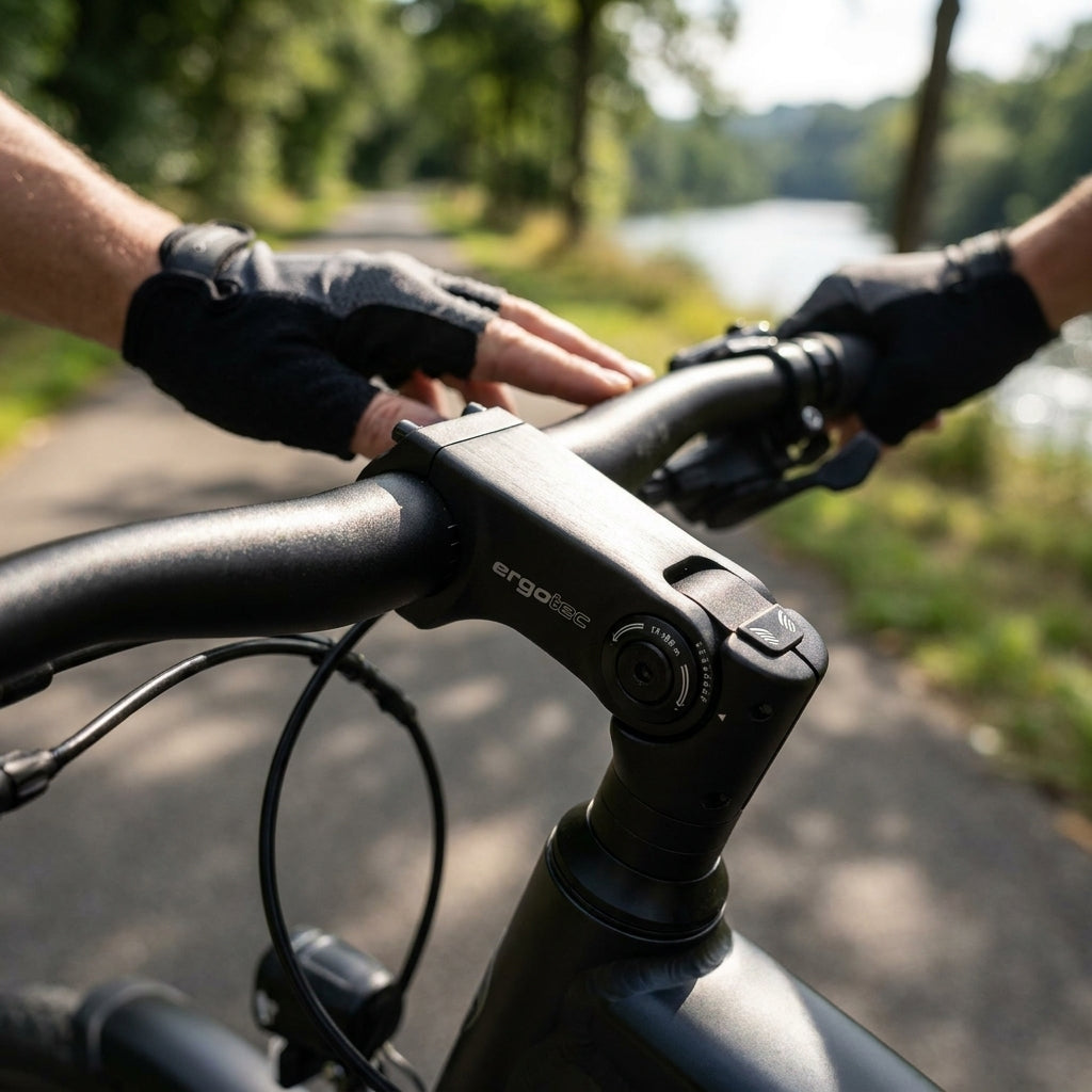 ERGOTEC Sepia XL verstellbarer Fahrradvorbau in Schwarz am Lenker eines E-Bikes, Hände in Handschuhen.