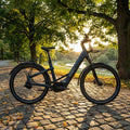 Winora Yakun ENV ABS Low SUV E-Bike 27,5 Zoll Bosch CX 800Wh Enviolo Automatiq cavalry-denim auf Kopfsteinpflaster im Sonnenl