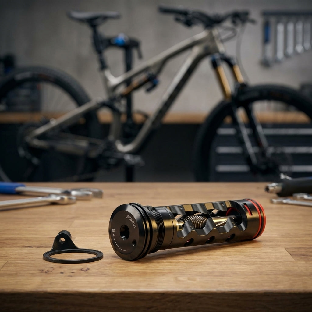 Rockshox GoldRL Druckstufen-Dämpfer mit OneLoc Remote auf Holztisch vor Mountainbike.