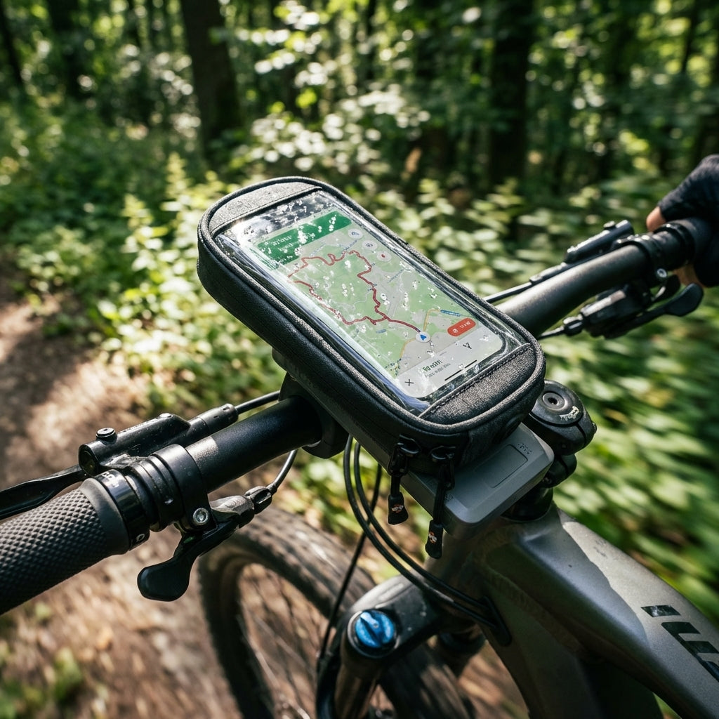 SKS COMPIT+ Fahrrad-Smartphone-Halterung mit 10.000 mAh Powerbank, wasserdichter Tasche und Navigation am Lenker.