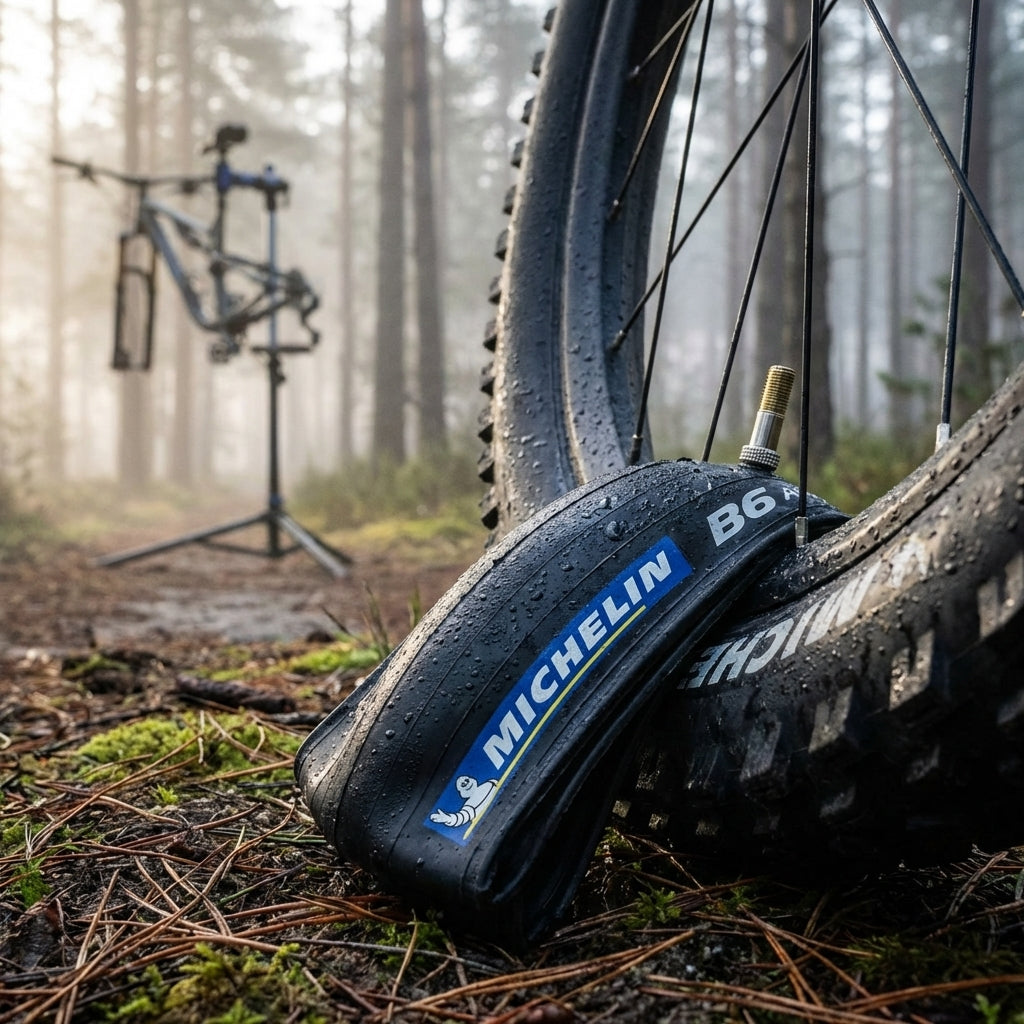 Michelin B6 Airstop Schlauch 27.5 Zoll mit Wassertropfen, vor Fahrrad im nebligen Wald.