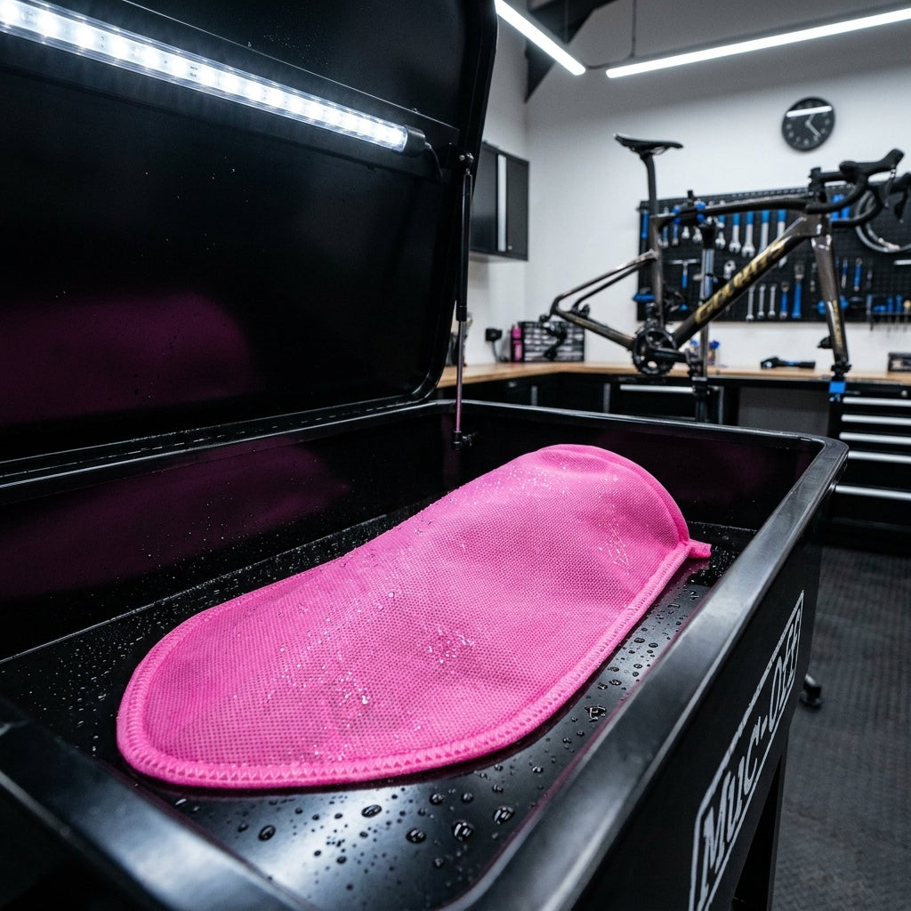 Pinker Muc Off 40L Socket Filter für Teilewaschmaschine, nass in einer Fahrradwerkstatt.