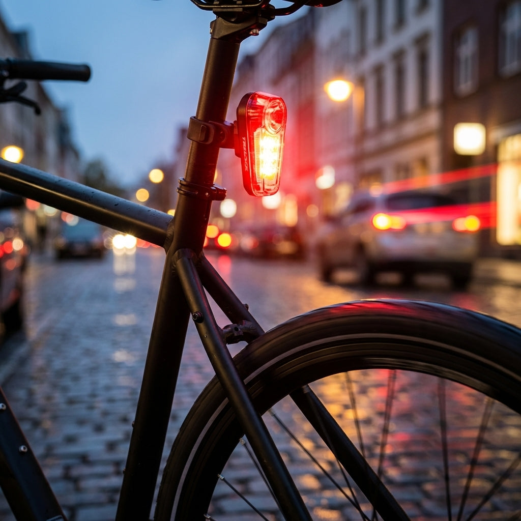 Trelock Variohalter ZL 720 am leuchtenden Fahrrad-Rücklicht in der Stadt bei Dämmerung.