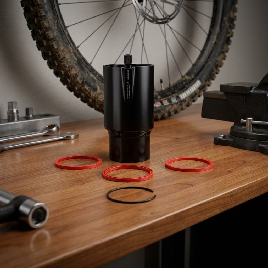 Schwarze RockShox Vivid C1+ (2024+) Luftkammer mit Dichtungen und Werkzeug auf Holzbank, Fahrradrad im Hintergrund.