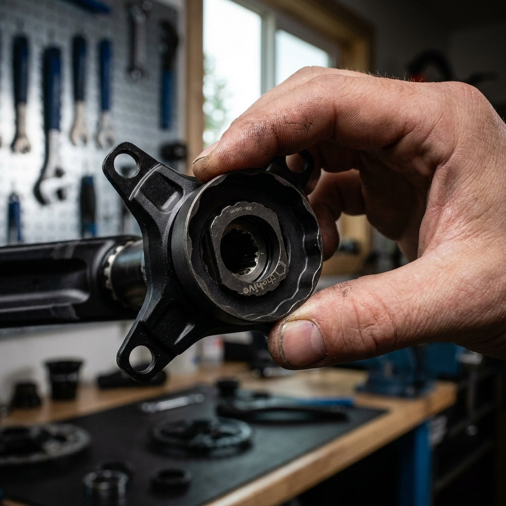 Hand hält robustes ethirteen Lockring-/Innenlager-Montagewerkzeug für Kurbeln mit abnehmbarem Spider.