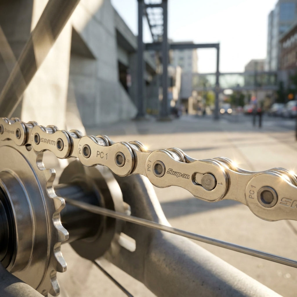 SRAM Kette PC 1 Nickel Singlespeed für Urban Bikes. Vernickelte Fahrradkette mit Snap-On Schloss, robust und wartungsarm.