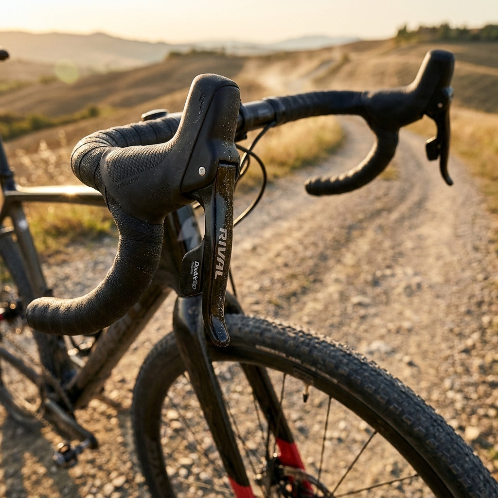 SRAM Rival 22 Hydraulik-Scheibenbremse links an Gravelbike auf Schotterweg für präzise Kontrolle bei Sonnenuntergang.
