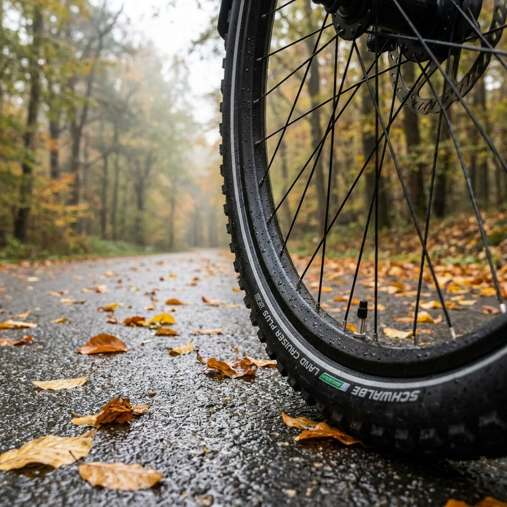 Schwalbe Land Cruiser Plus 28x1.40" Fahrradreifen schwarz Reflex auf nassem Herbstweg im Wald.