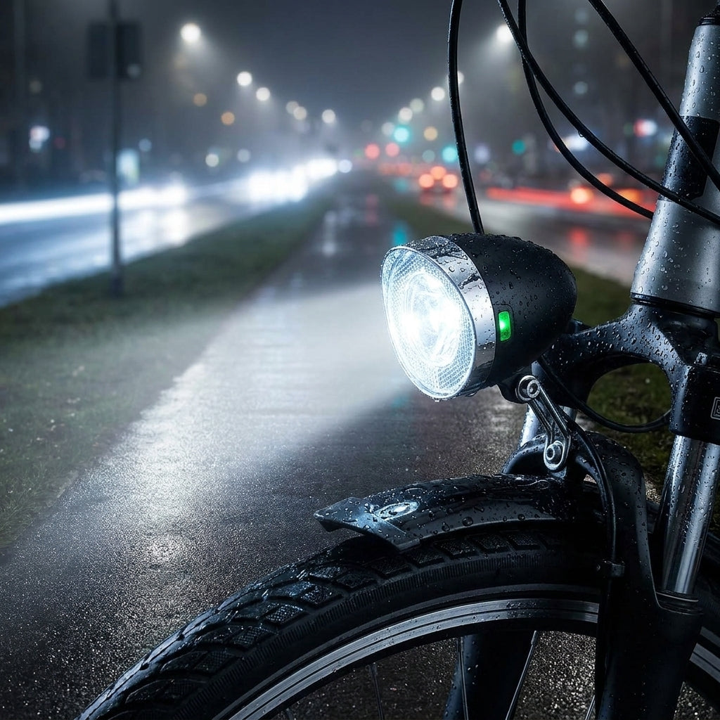 Marwi Akku-Scheinwerfer LED schwarz StVZO am Fahrrad im Regen bei Nacht, leuchtet hell den Weg aus.