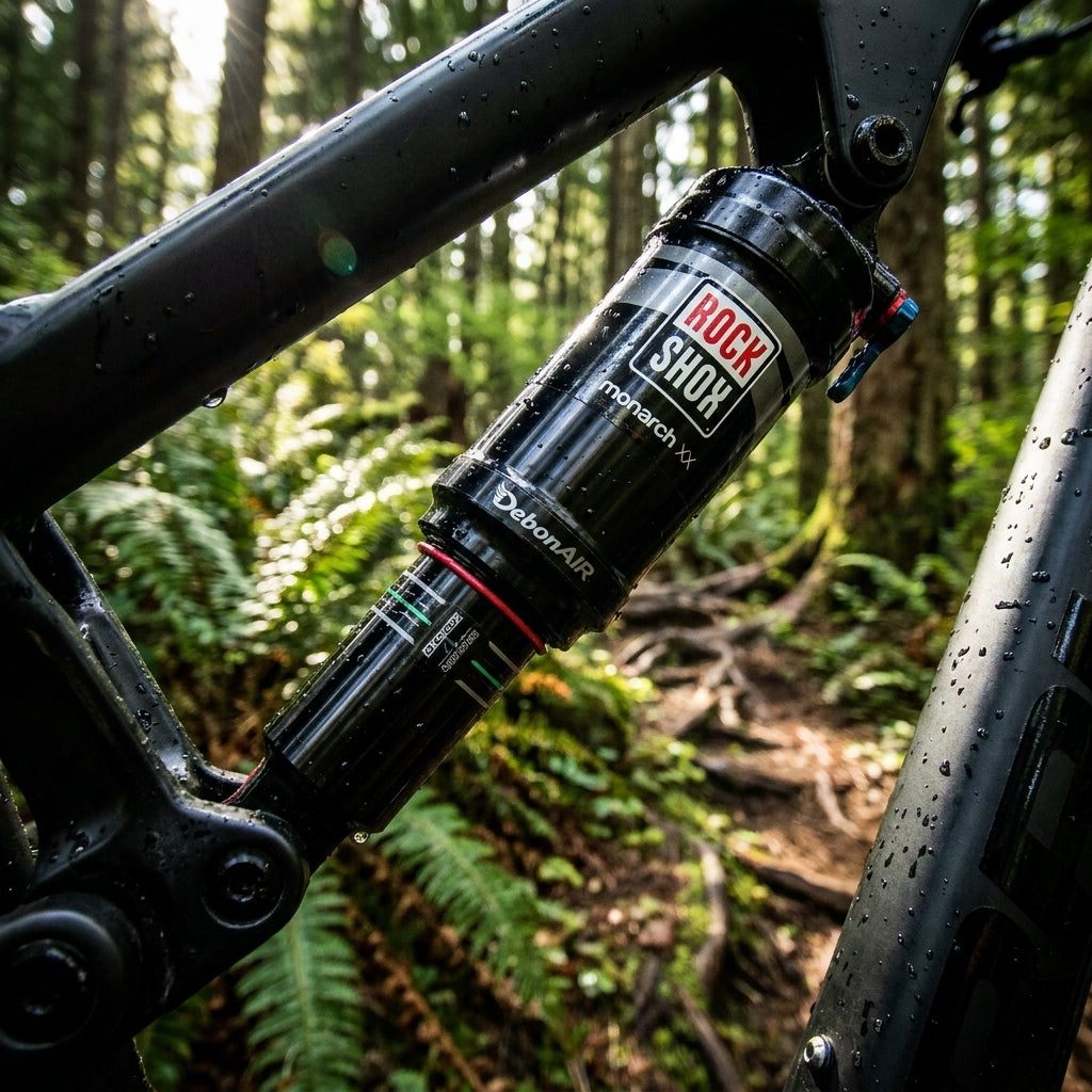 RockShox DebonAir Luftkammer-Upgrade-Kit für Monarch Dämpfer am Mountainbike, nass im Wald.