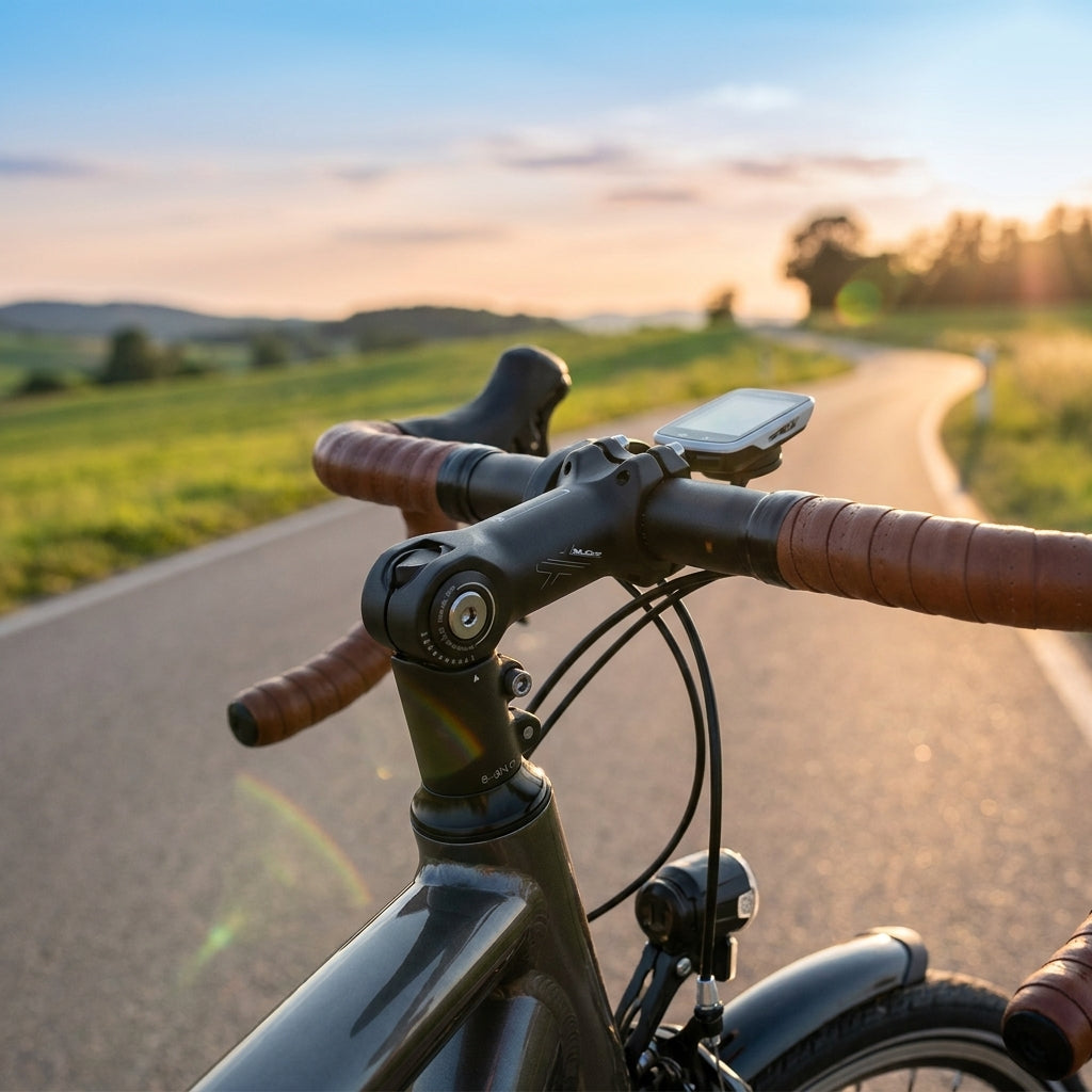 XLC Comp Ahead Vorbau ST-T13 Alu schwarz 0-90° montiert an Fahrrad auf malerischer Landstraße bei Sonnenuntergang.