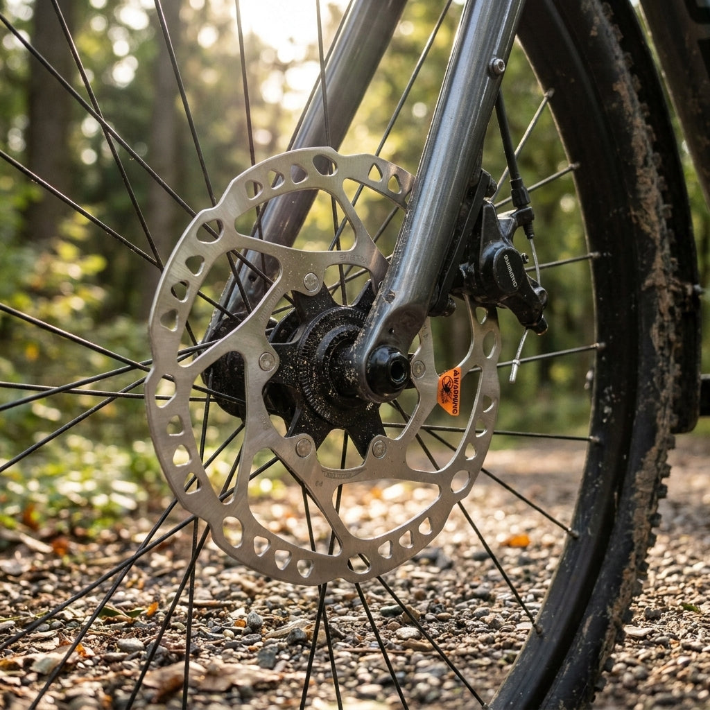 SHIMANO Bremsscheibe SM-RT64 160 mm Center Lock mit Innenverzahnung am Fahrrad-Vorderrad auf Schotterweg.