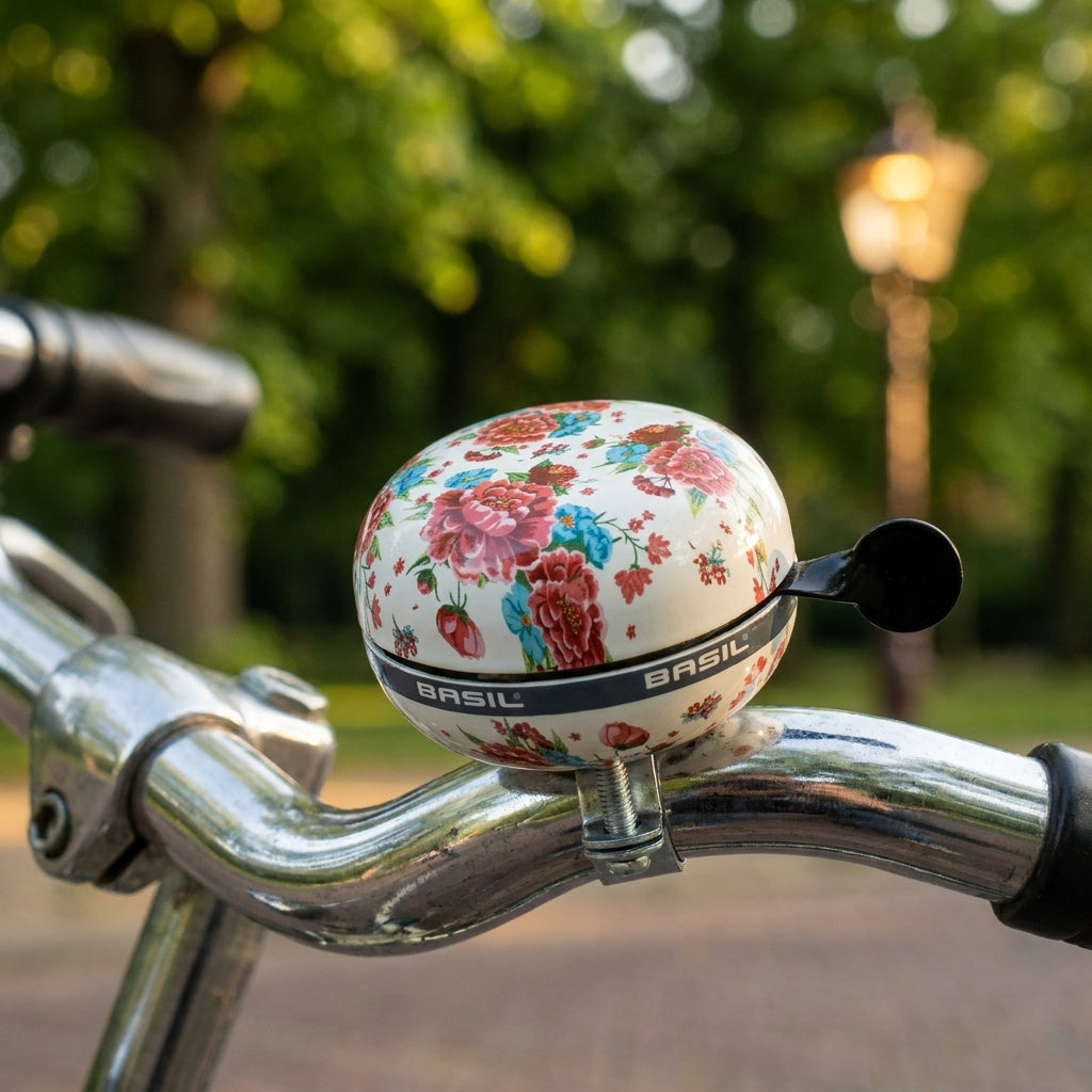 Basil Ding-Dong Fahrradklingel Bloom Gardenia White 80mm mit Blumenmotiv auf Fahrradlenker montiert.