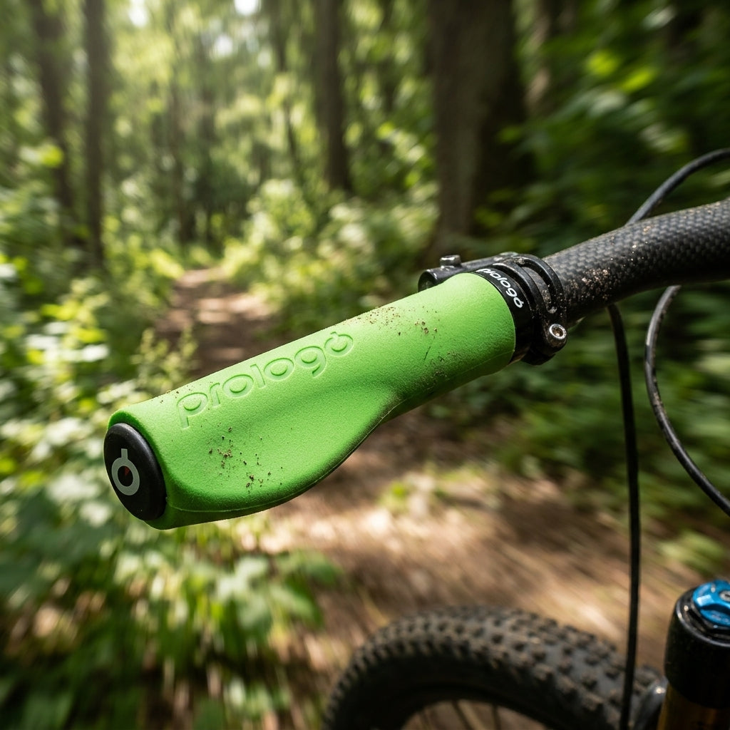 Nahaufnahme grüner Prologo Mastery Silicon Lenkergriffe an einem Mountainbike auf einem Waldweg.