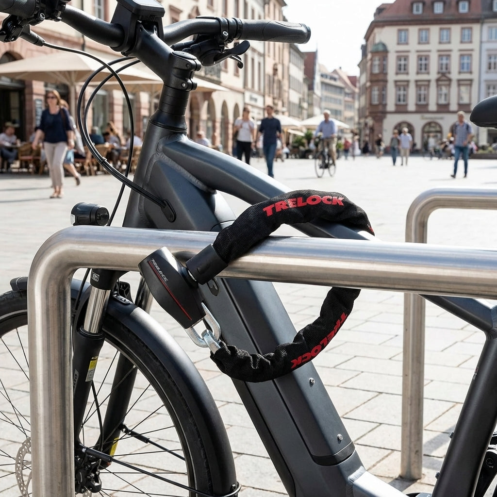Trelock Kettenschloss BC 480/110/8 sichert E-Bike an Fahrradständer in der Stadt.