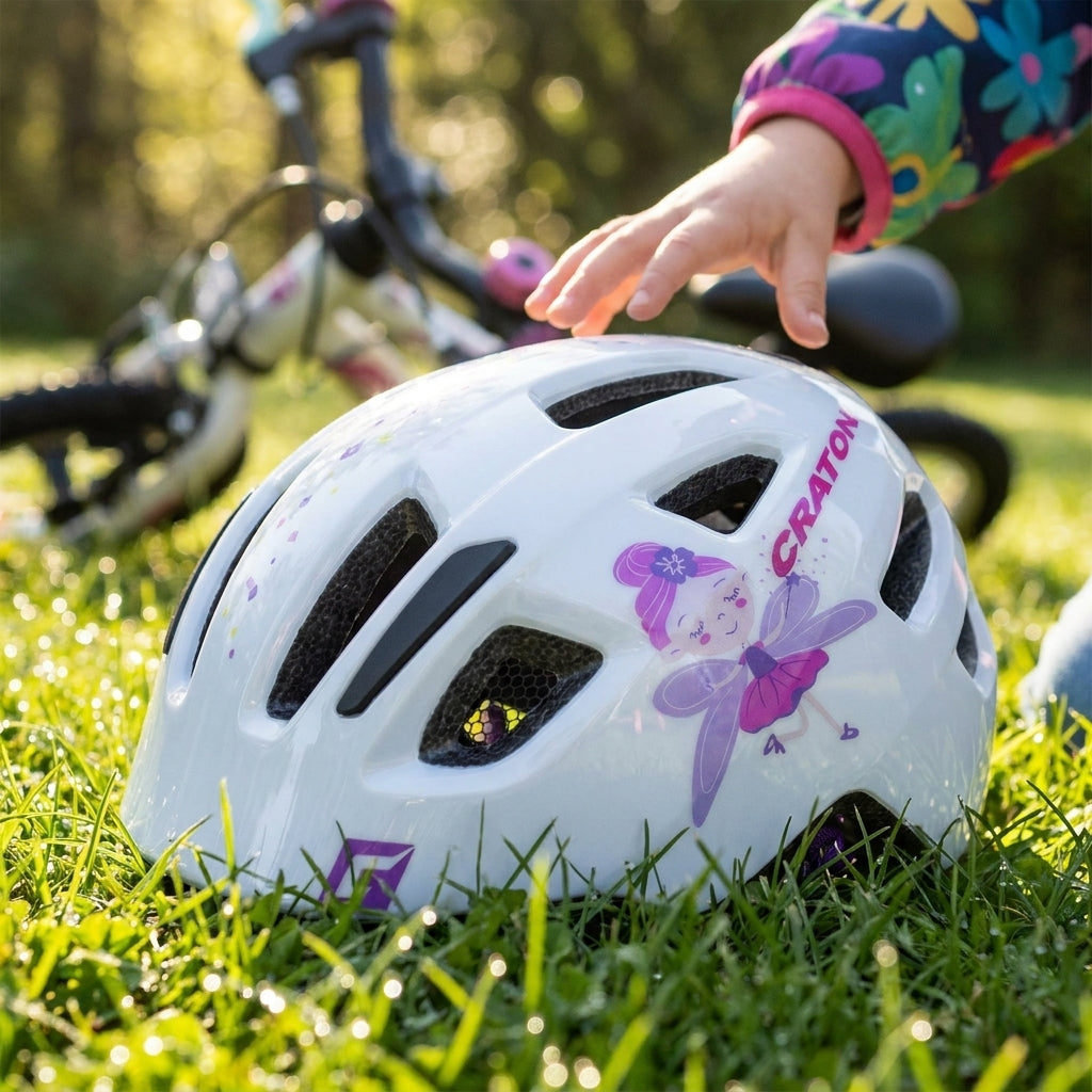 Cratoni Kinderhelm Maxster Kid S/M Fee weiß glanz auf Gras, Kind greift danach, Fahrrad im Hintergrund.