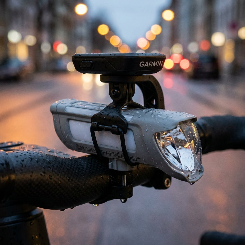 Busch & Müller Ixon Scheinwerfer Adapter für GoPro Garmin Wahoo Halterung und Aero-Lenker. Sichere, hängende Fahrradlicht Montage.