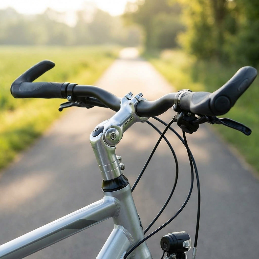 XLC Vorbau ST-T02 Alu D 25,4 mm 100 mm silber am Fahrradlenker, auf einer Straße.