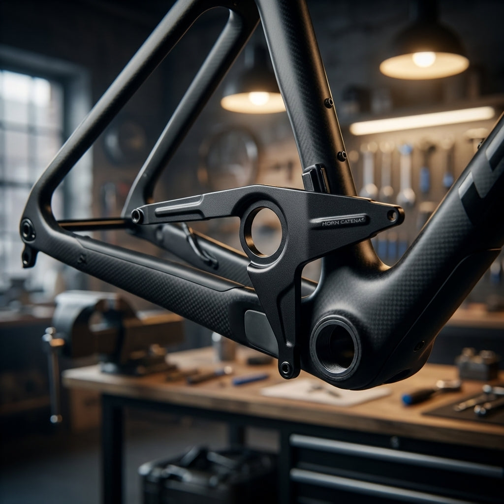 HORN Catena 3-Punkt Steckbr. B28/45 F 4810 schwarz an Carbon-Fahrradrahmen in Fahrradwerkstatt.