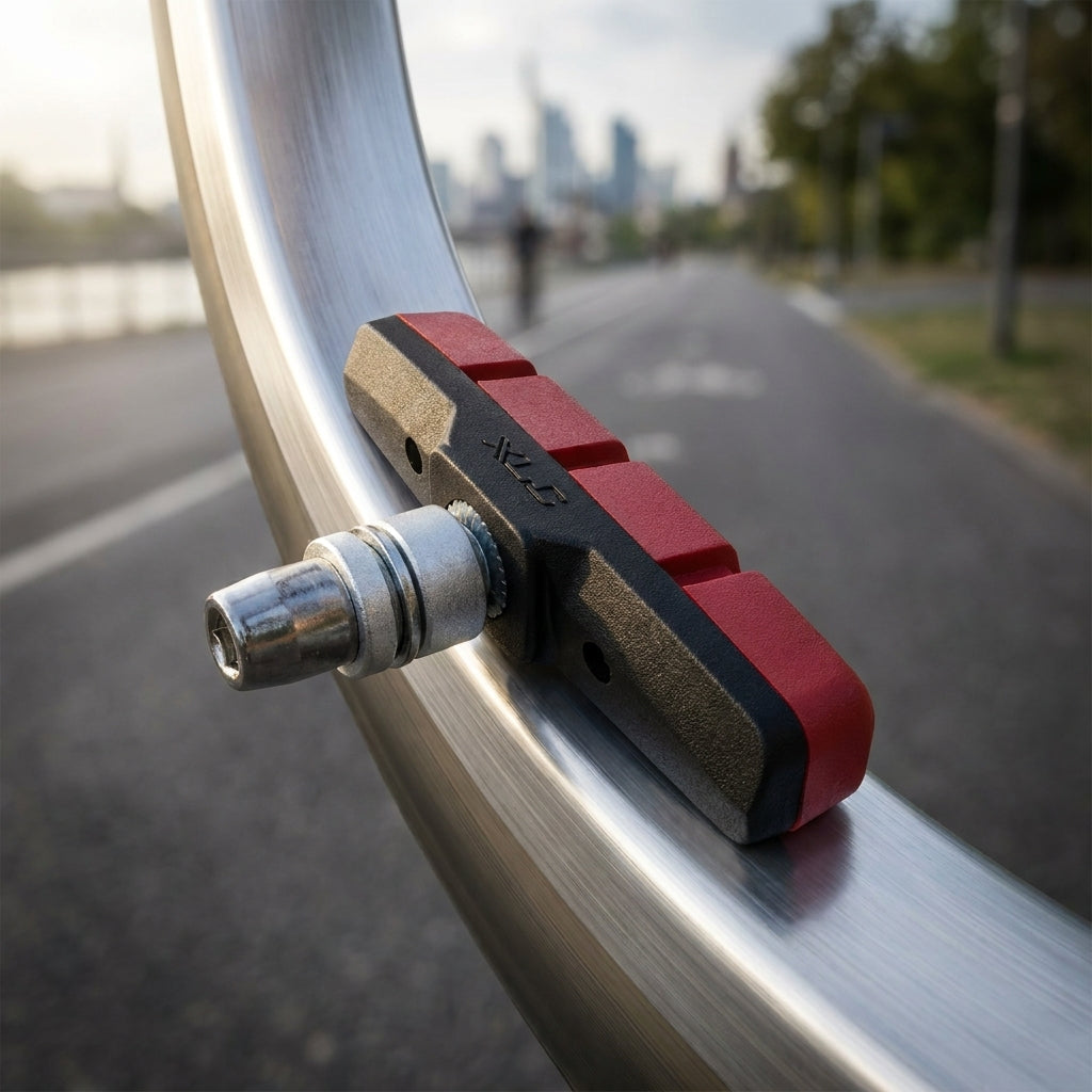 XLC BS-V01 V-Brake Bremsschuhe schwarz/rot für Aluminiumfelgen, Nahaufnahme auf Fahrradfelge.