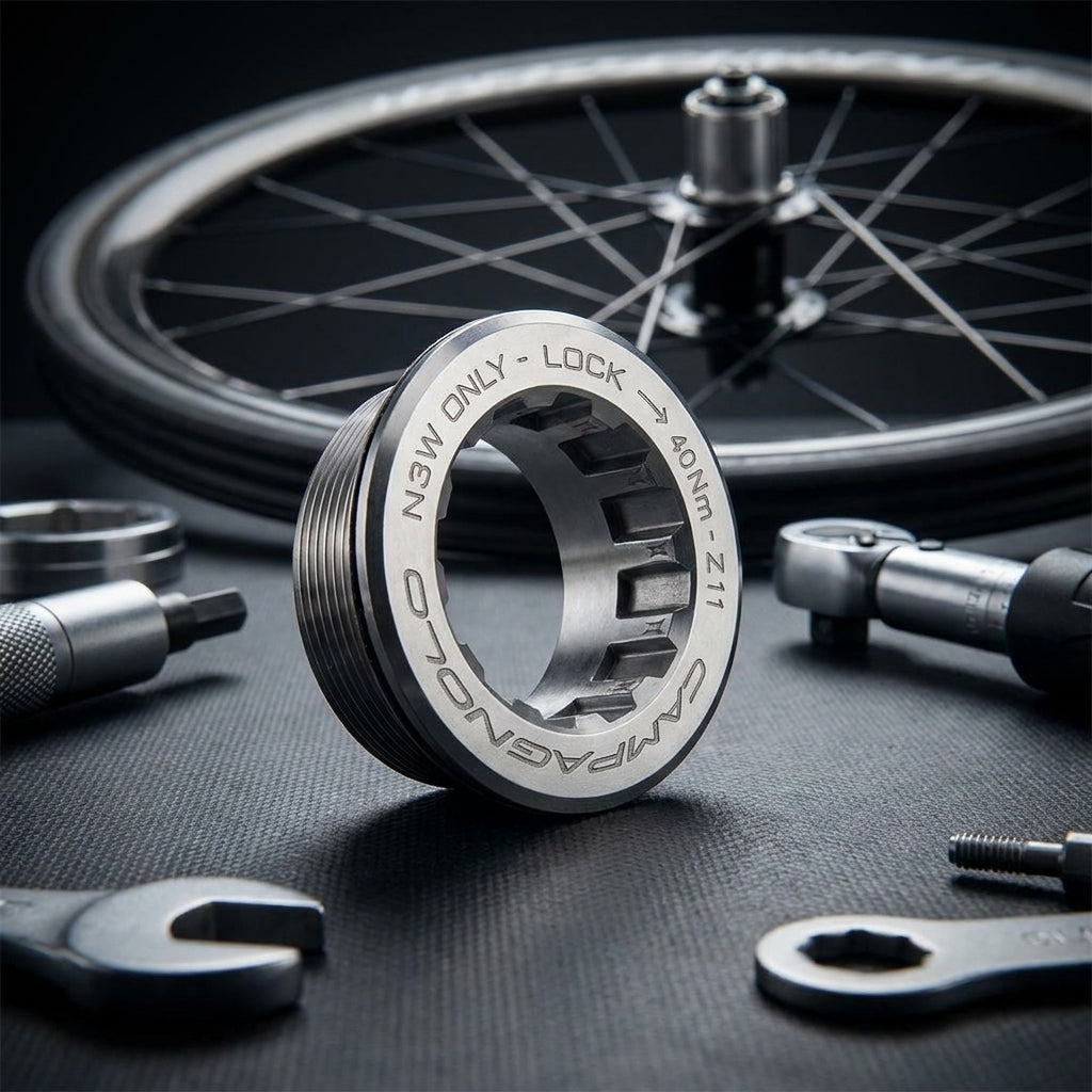 Campagnolo N3W Verschlussring CS-702 für 11/12-fach Z11 Kassetten, umgeben von Werkzeugen und einem Fahrradlaufrad.