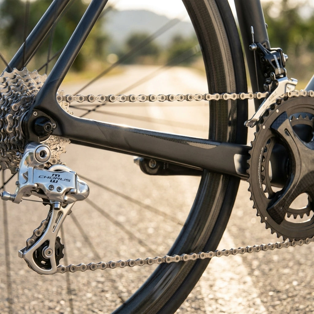 Campagnolo CHORUS 11-fach Fahrradkette am Rennrad-Antrieb mit Schaltwerk und Kassette.