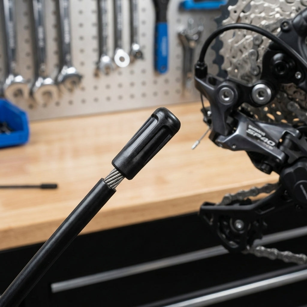 Schwarze Shimano SP40 Kunststoff-Endkappe für gedichtete Schaltzugaußenhülle am Fahrrad.