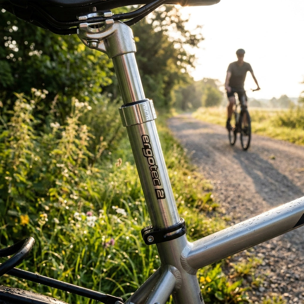 Ergotec SP-4.1 Teleskop-Sattelstütze silber am Fahrrad, verstellbar, Radfahrer auf sonnigem Feldweg.