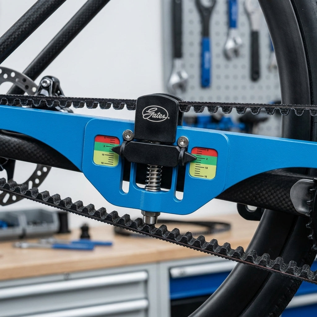 Blauer Gates Riemenspannungsmesser 2025 misst präzise die Riemenspannung eines Gates Carbon Drive Fahrrads. Ideal für ambitionierte Radfahrer und Werkstätten.
