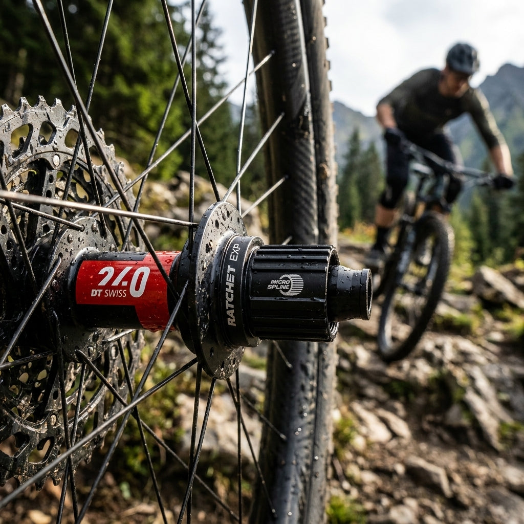 Detailaufnahme der nassen, leichten DT Swiss 240 EXP MTB Boost Hinterradnabe schwarz, Mountainbiker fährt im Hintergrund.