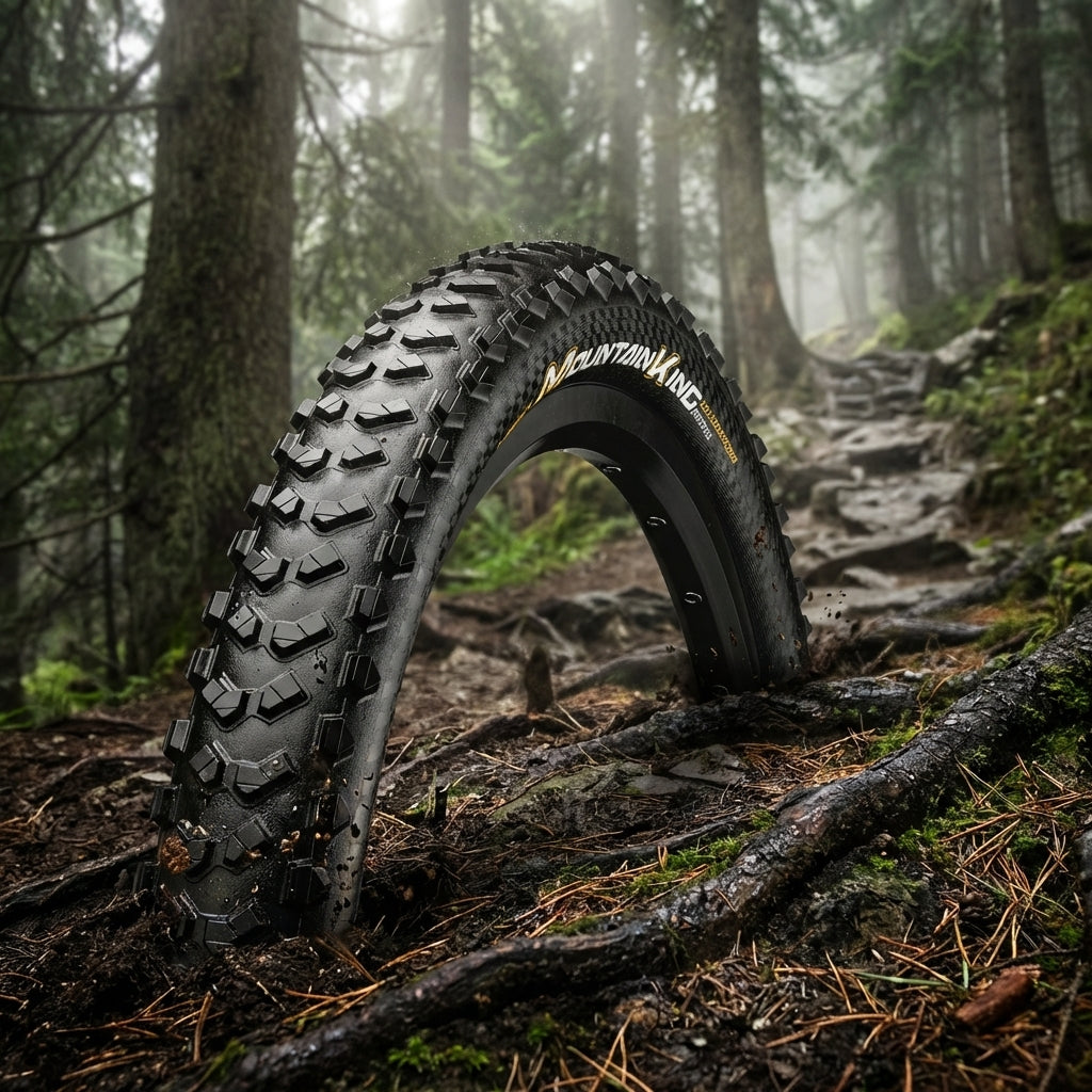 Continental Mountain King 29er Reifen (schwarz) auf schlammigem Waldboden mit Wurzeln und Pfad im Hintergrund.