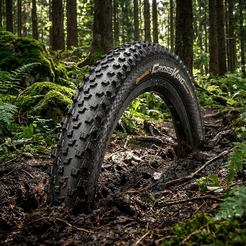 Continental Cross King Reifen im Waldschlamm, ideal für Mountainbike-Trails.