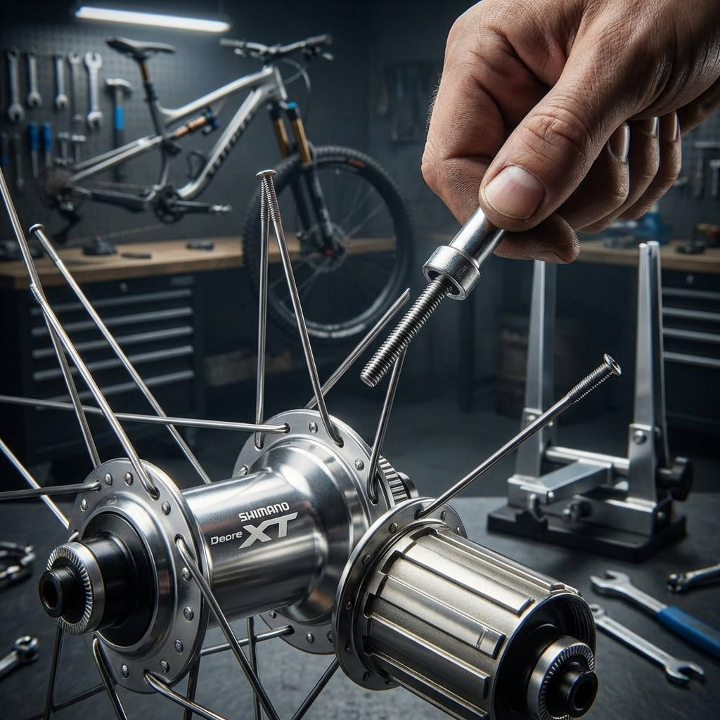 Hand montiert SHIMANO Speiche WH-M8120-B HR für Deore XT MTB Hinterrad Disc in Nabe einer Werkstatt.