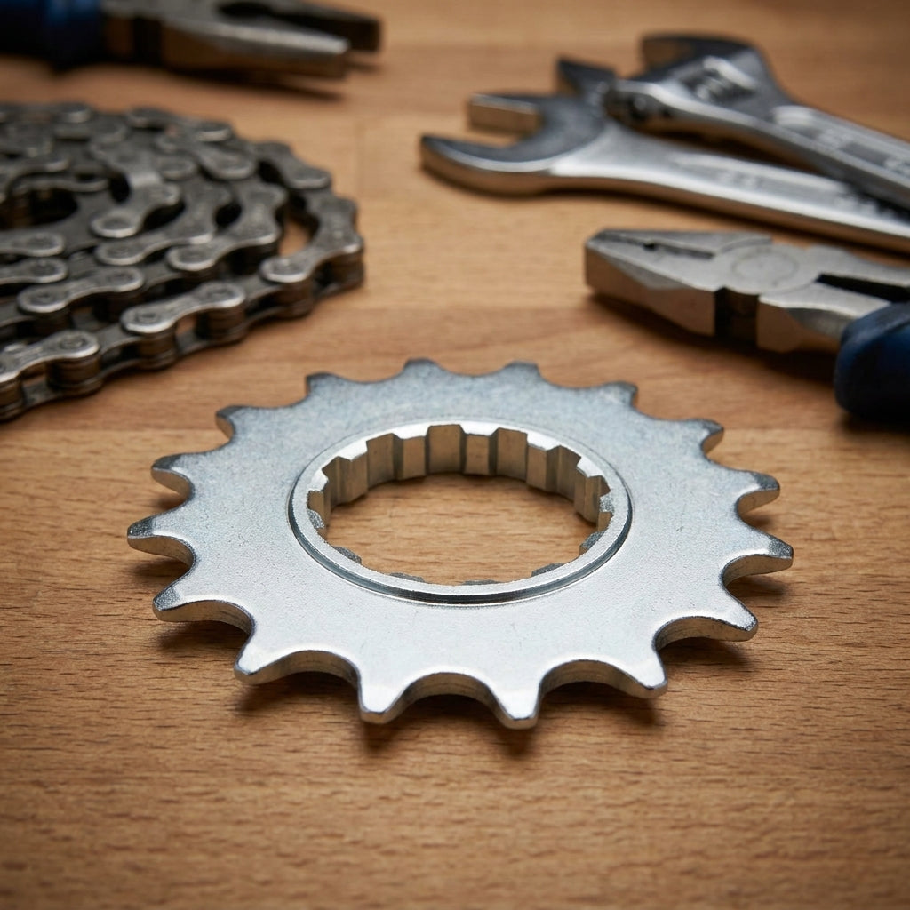 Esjot Steck-Zahnkranz flach 1/2" x 3/32" mit 16 Zähnen. Silbernes Fahrrad-Ritzel.