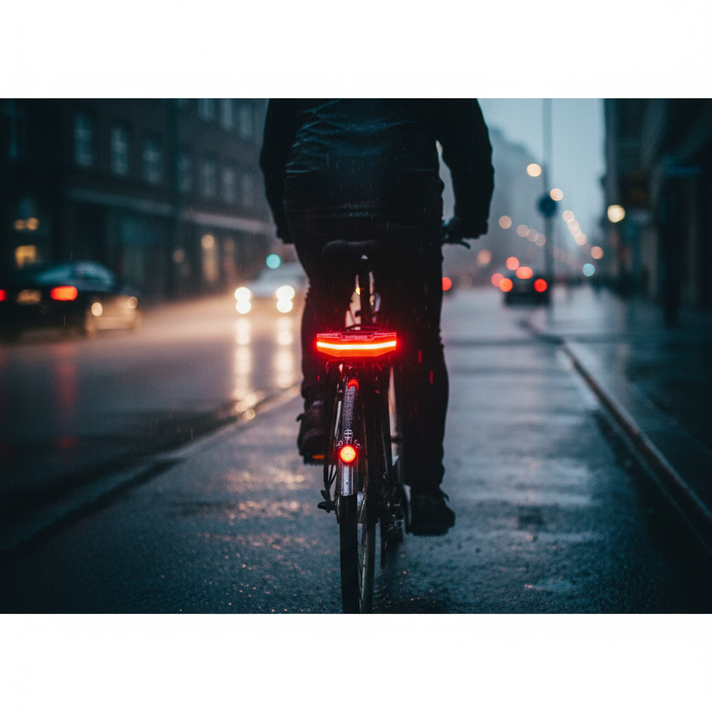 Axa Dynamo-Rücklicht Blueline 50mm für Gepäckträger StVZO an Fahrrad im Regen, leuchtet hell hinten.
