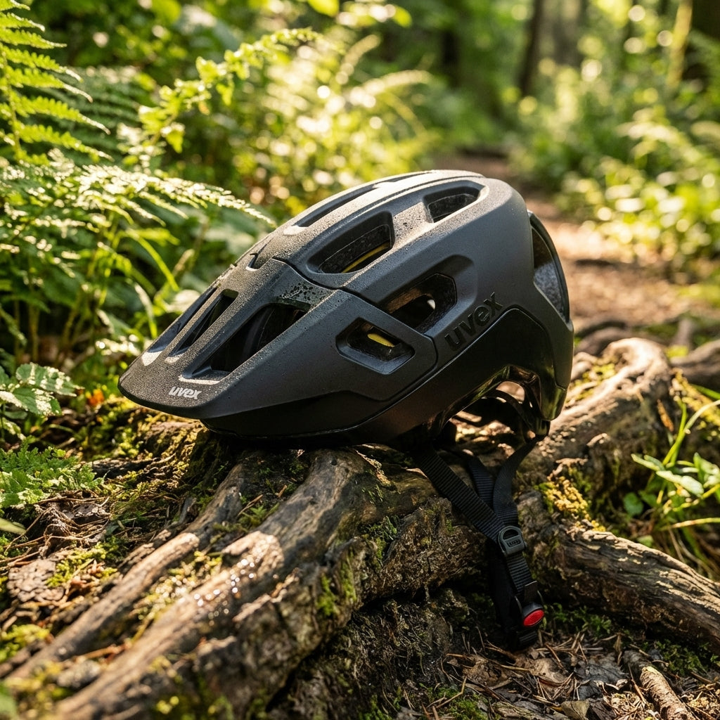 Uvex React MIPS Fahrradhelm schwarz matt 59-61cm auf feuchten Wurzeln im Wald. Robuster MTB-Helm mit MIPS.