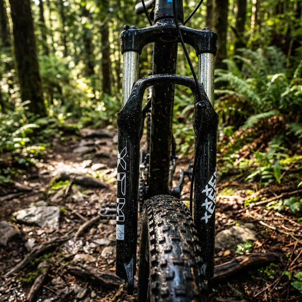 SR Suntour SF13XCM 26 Zoll Federgabel schwarz 100 mm Federweg am Mountainbike auf schlammigem Waldweg.