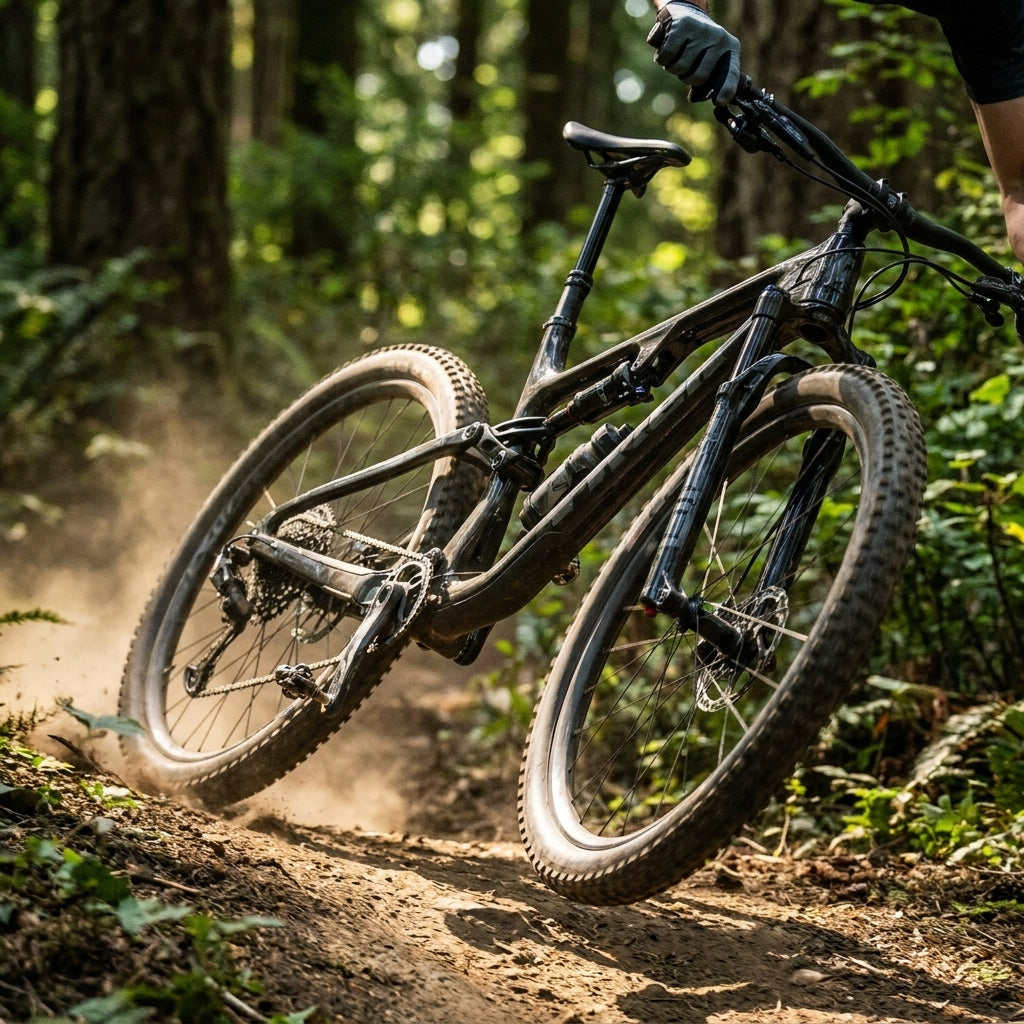 Rockshox Sidluxe HR-Dämpfer am Mountainbike in Aktion auf Wald-Trail mit Staub.