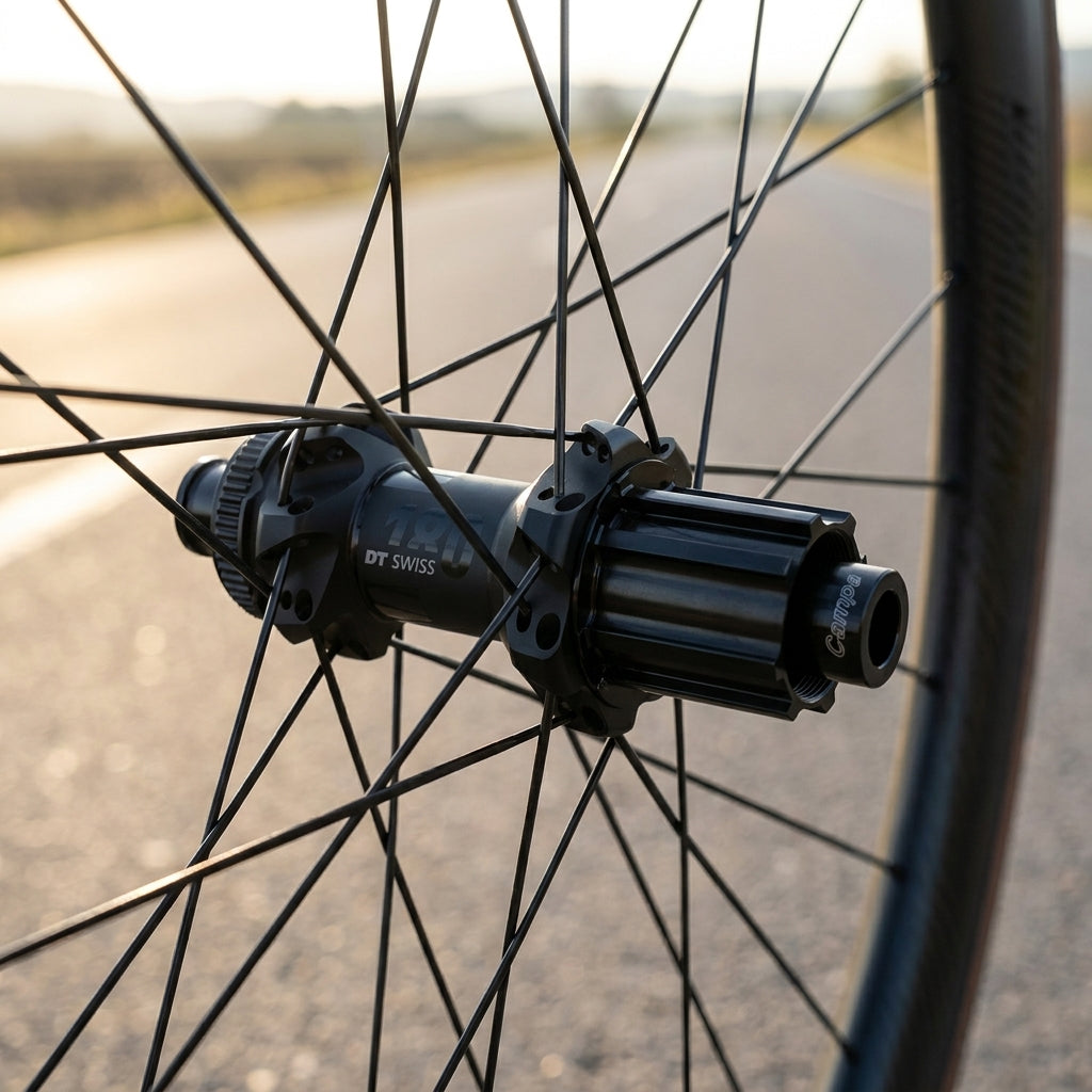 Schwarze DT Swiss Road HR 180 EXP High-End Nabe mit Ratchet EXP System am Hinterrad.