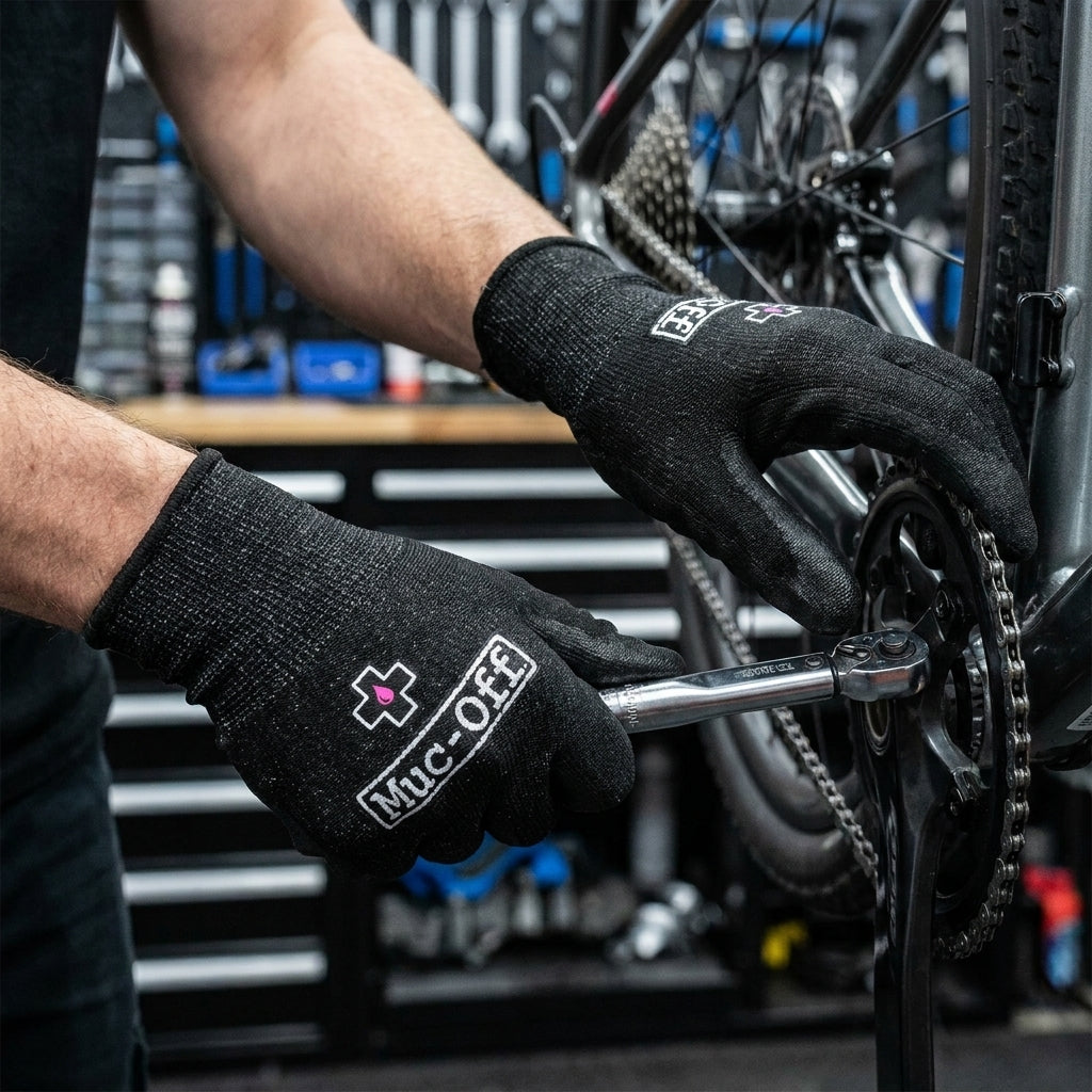 Muc-Off Mechanikerhandschuh Größe S Schwarz. Schnittschutz Langfingerhandschuh bei Fahrradwartung.