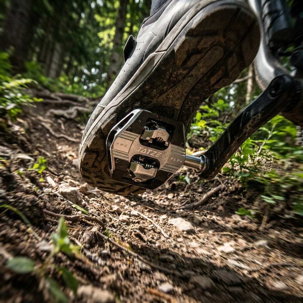 Tatze MC-FLY SPD MTB Pedal. Robustes CNC Alu Mountainbike Pedal mit CrMo Achse und 55mm Q-Faktor für präzise Kontrolle.