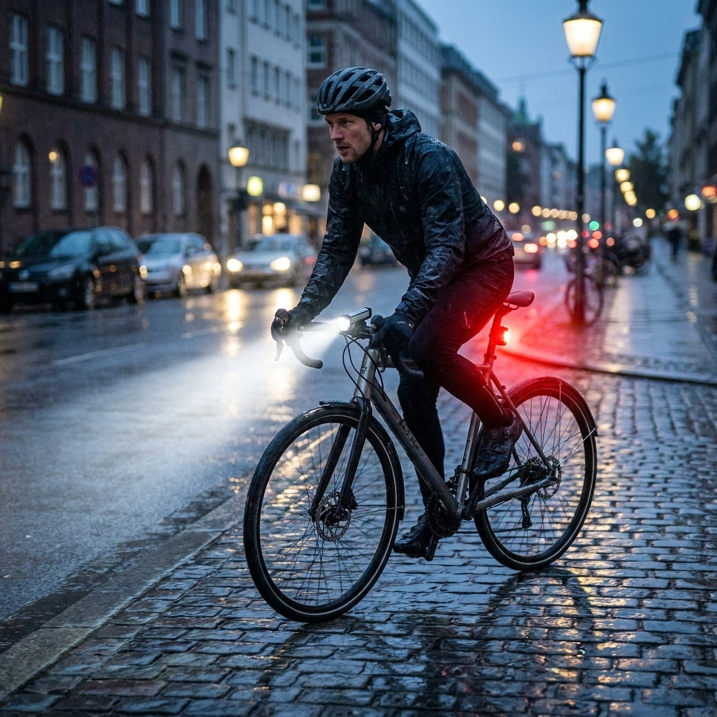 Busch&Müller IXON Core & IXXI StVZO Fahrradbeleuchtung im Einsatz bei Nacht und Regen für sicheres Fahren.