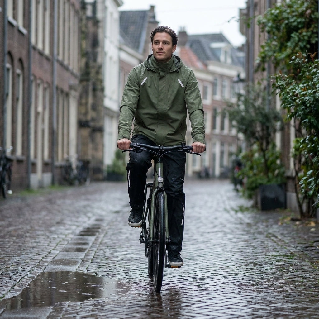 Basil Hoga Fahrrad Regenanzug olivgrün: Mann fährt im Regen auf nasser Straße mit Reflektoren.