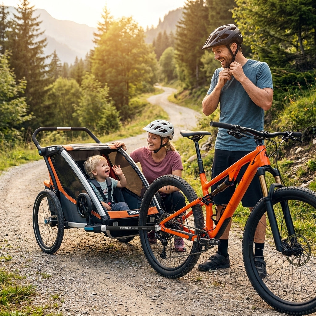 Radoxx Steckachse TA012 am Thule Fahrradanhänger, Familie macht Radtour mit Kind.