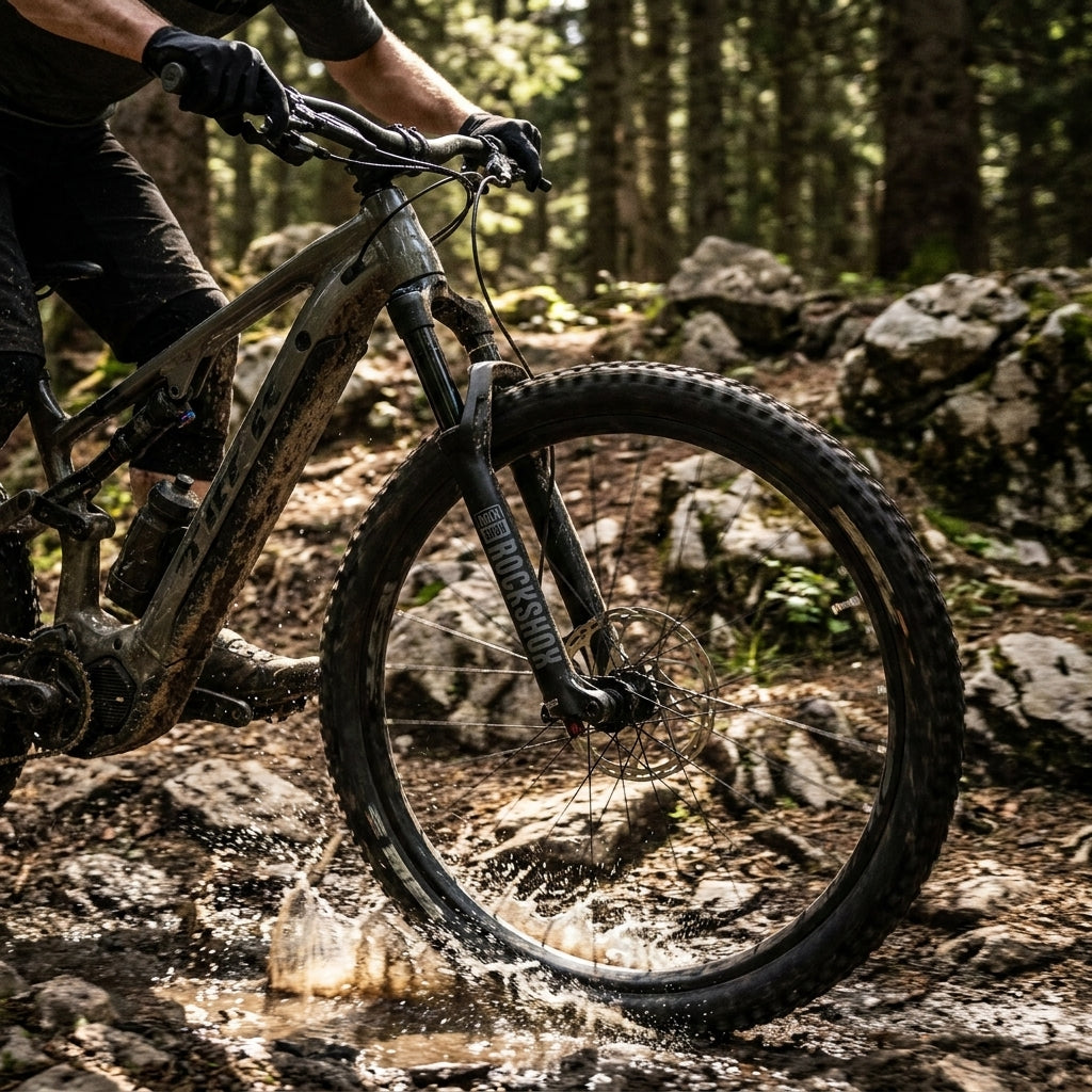 RockShox 35G 27.5" Boost E-MTB Gabel, schwarz, im Einsatz: Mountainbiker fährt durch Pfütze im Wald.