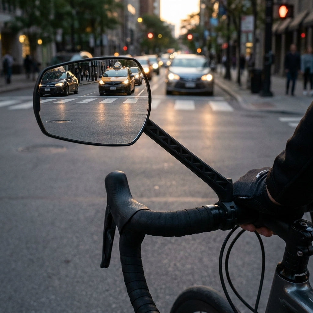 Zéfal Espion E80 extragroßer Fahrrad-Rückspiegel rechts am Lenker, zeigt Verkehr für optimale Sicht beim Radfahren.