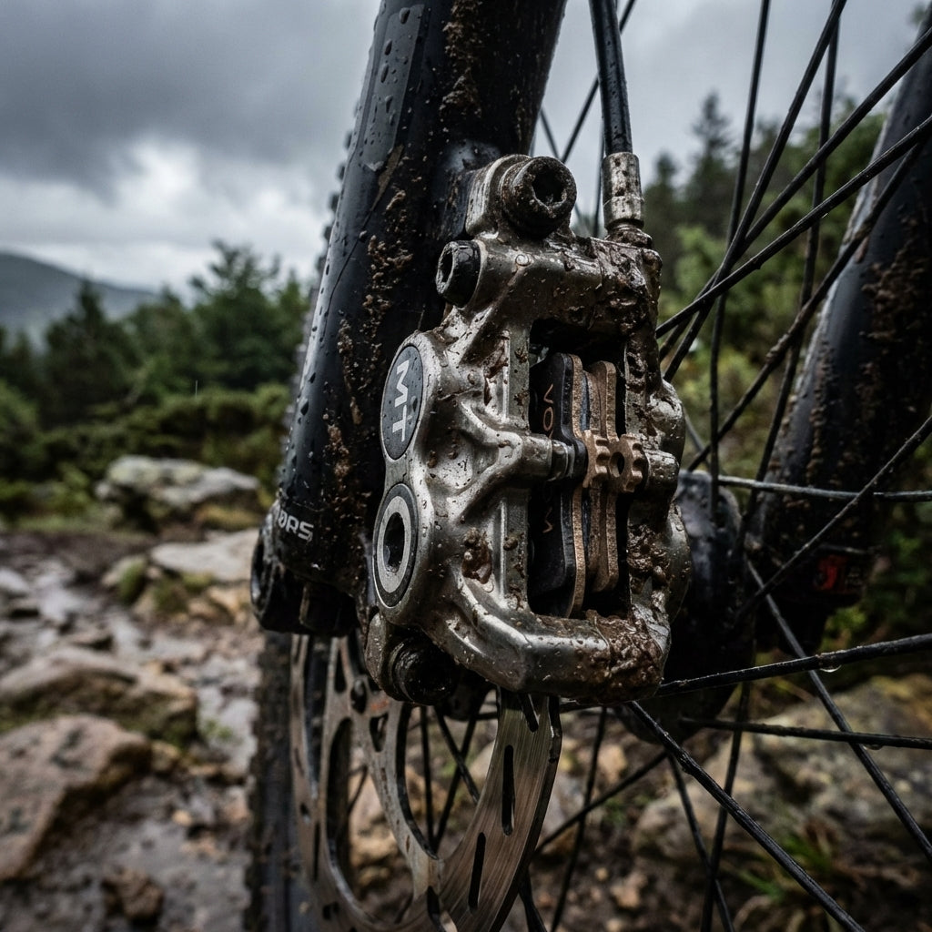 Voxom Scheibenbremsbeläge Bsc16S Magura MT2-MT8 gesintert 2 Stück am schlammigen Mountainbike auf nassem Outdoor-Trail.