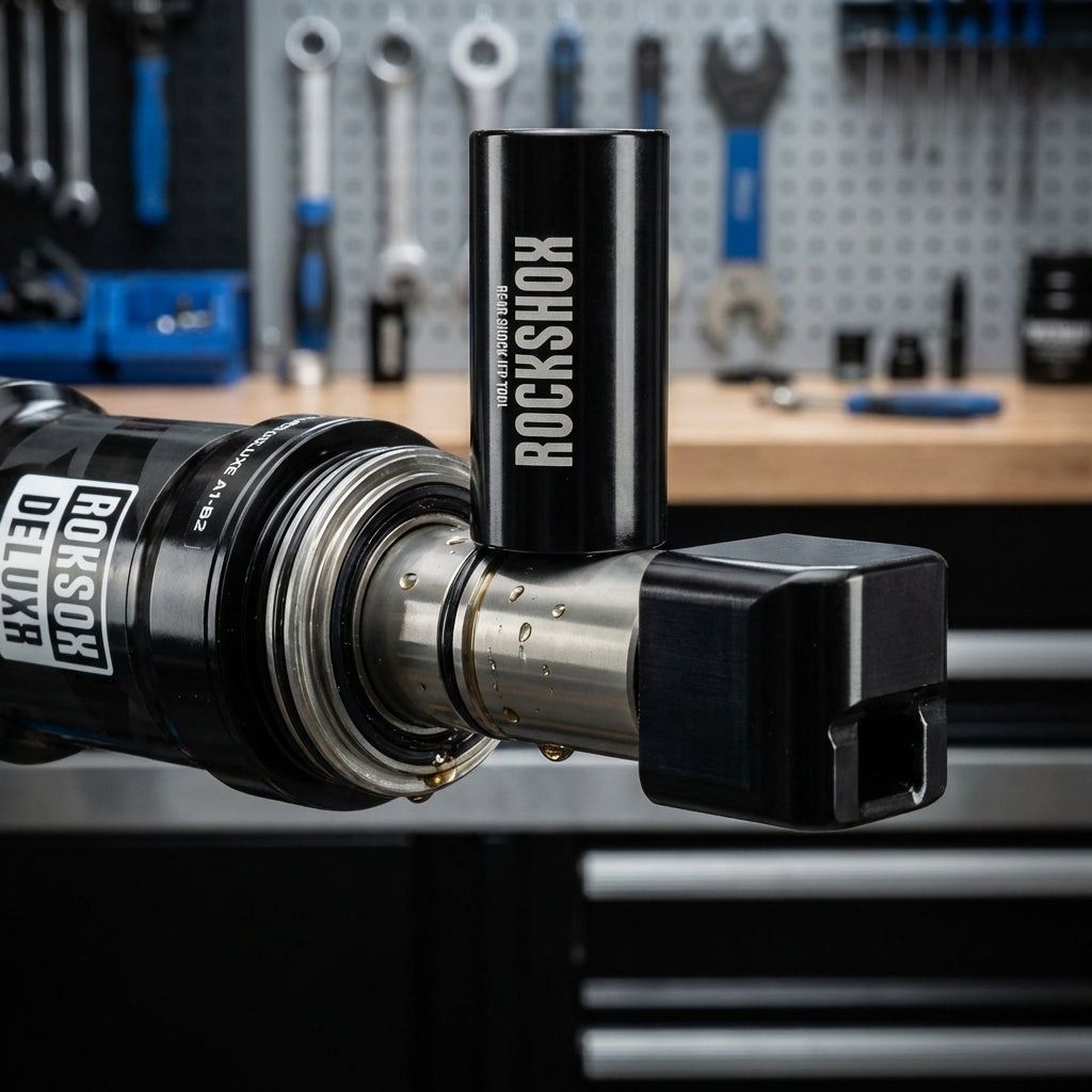 RockShox Dämpferservice mit 26mm Klemmbacken und IFP Werkzeug für SuperDeluxe A1-B2 Hinterraddämpfer.