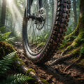 Schwalbe Magic Mary 27.5x2.60 Reifen auf matschigem Mountainbike-Trail im Wald, Sonnenstrahlen.